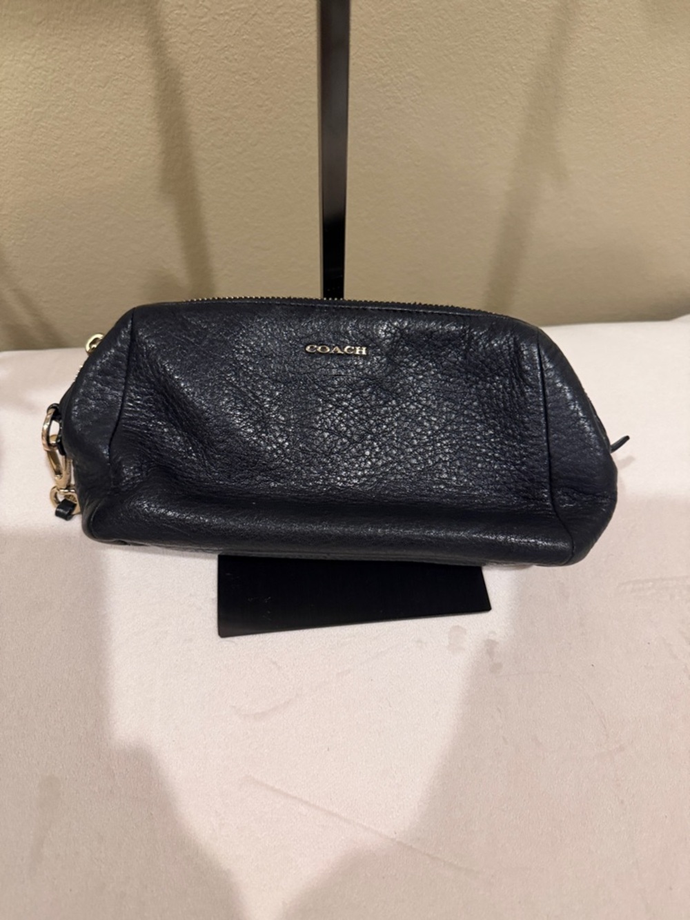 Coach Black Pebbled Leather Cosmetic Pouch with Gold Logo